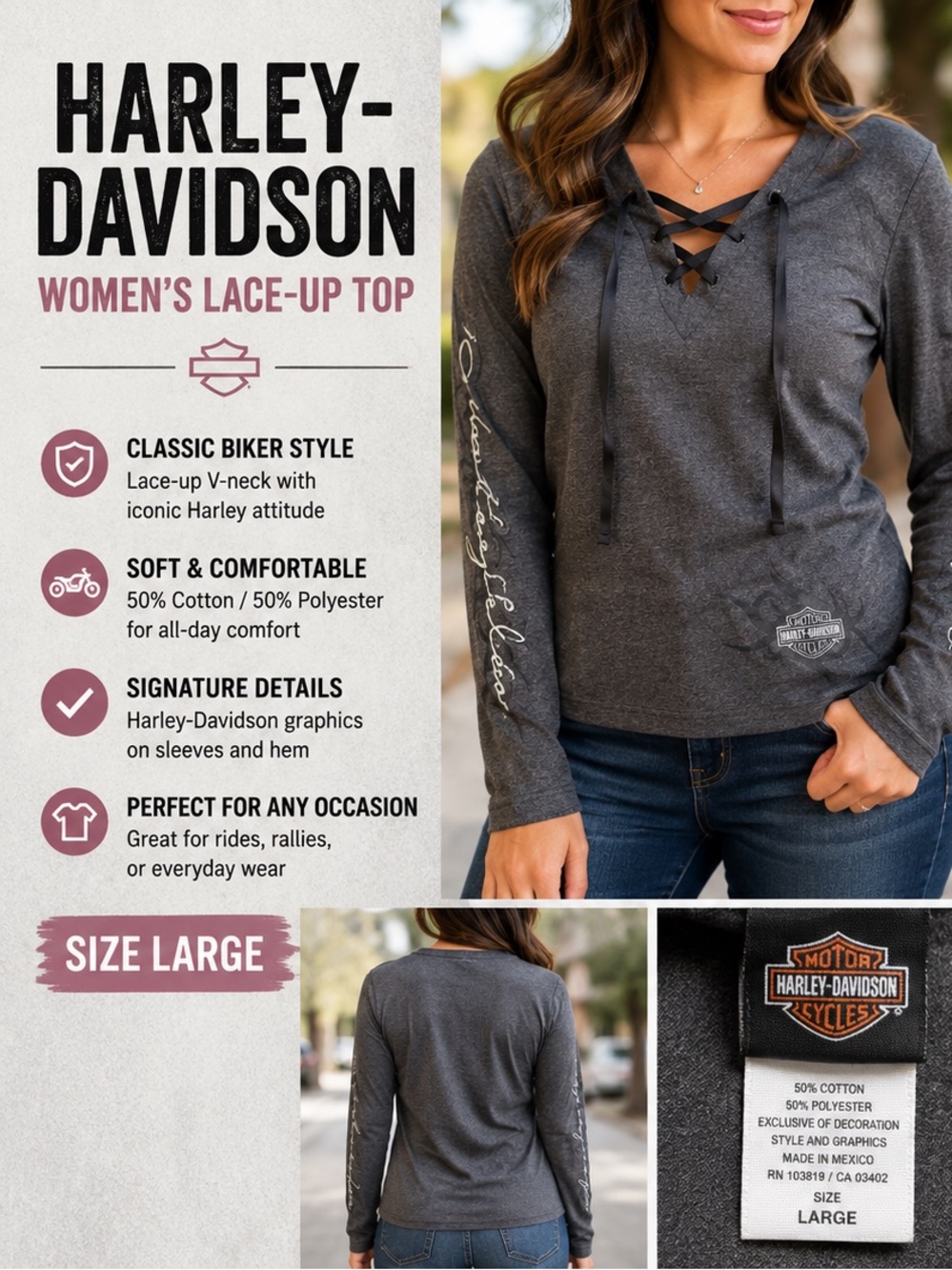 Harley-Davidson Women’s Lace-Up V-Neck Long Sleeve Top Gray Size Large